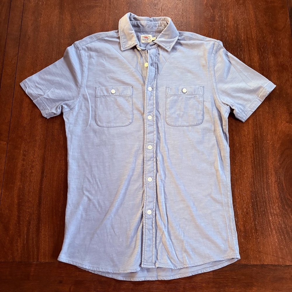 Faherty Organic Cotton SS Shirt Blue Organic Cotton Sunwashed Knit Men Small ***